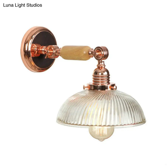 Ribbed Glass Sconce Light Fixture - Farmhouse Style Rose Gold Wall Lamp