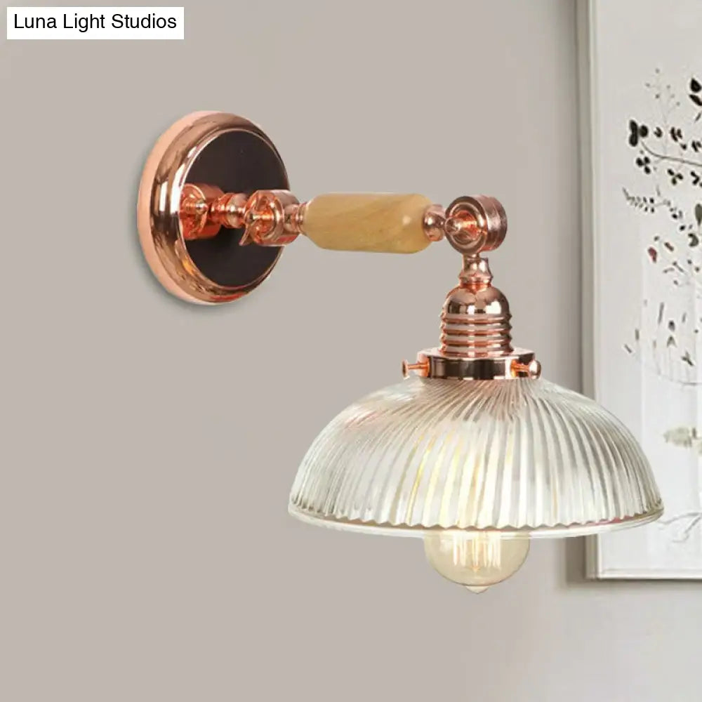 Ribbed Glass Sconce Light Fixture - Farmhouse Style Rose Gold Wall Lamp