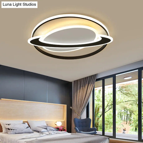 Ringed Planet Led Flush Mount Ceiling Light In Black - White - Nordic Acrylic Fixture For Bedroom