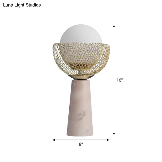 Rita - Minimalist Sphere White Glass Table Light 1-Head Gold Night Lamp With Mesh Design