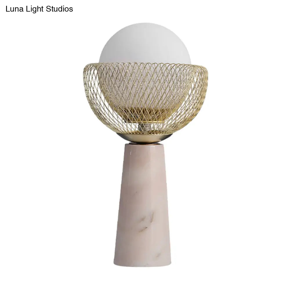 Rita - Minimalist Sphere White Glass Table Light 1-Head Gold Night Lamp With Mesh Design