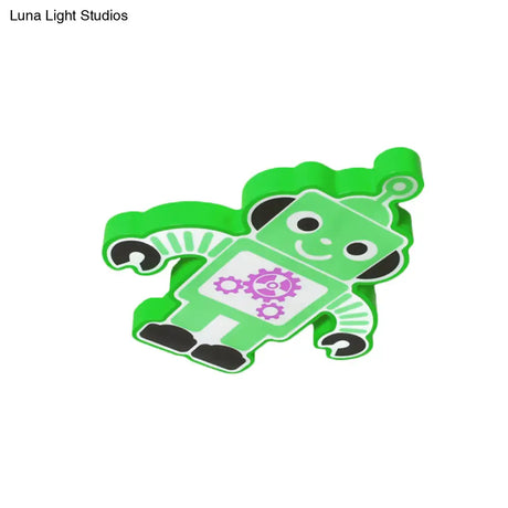 Robot Kinder Lamp - Led Cartoon Flush Mount Fixture In Yellow/Blue/Green