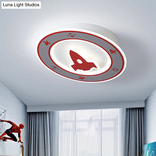 Rocket Led Ceiling Light For Boys Room - Acrylic Flush Mount Fixture In Blue/Red