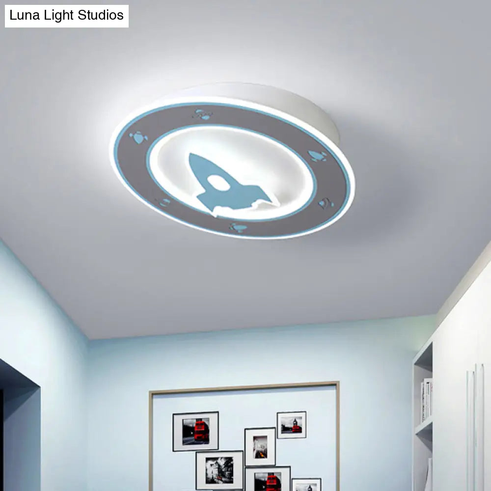 Rocket Led Ceiling Light For Boys Room - Acrylic Flush Mount Fixture In Blue/Red