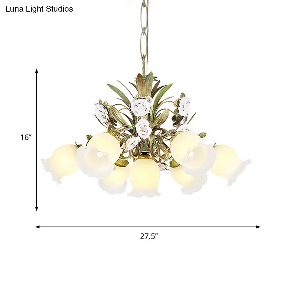 Romantic Cream Glass Green Chandelier With Flower Design - Perfect Lighting Fixture For Living Room