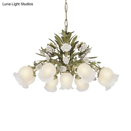 Romantic Cream Glass Green Chandelier With Flower Design - Perfect Lighting Fixture For Living Room