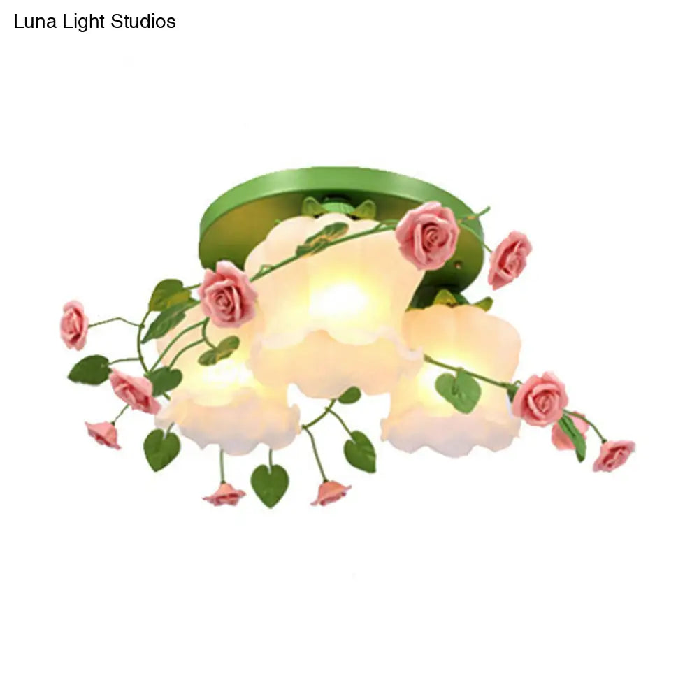 Romantic Green Floral Ceiling Light Fixture With 1/3/5 Metal Heads For Living Room Flush Mount