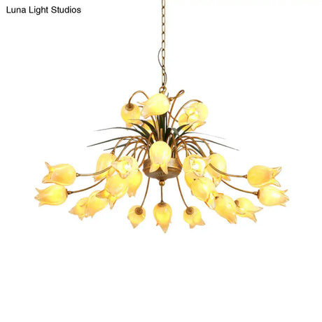Romantic Metal Tulip/Lily Chandelier Light Fixture - 25-Light Led Ceiling Pendant In Brass For