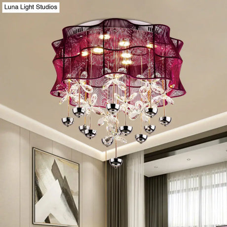 Romantic Modern Red Flushmount Lamp - Fabric Bedroom Led Ceiling Light With Dangling Crystals