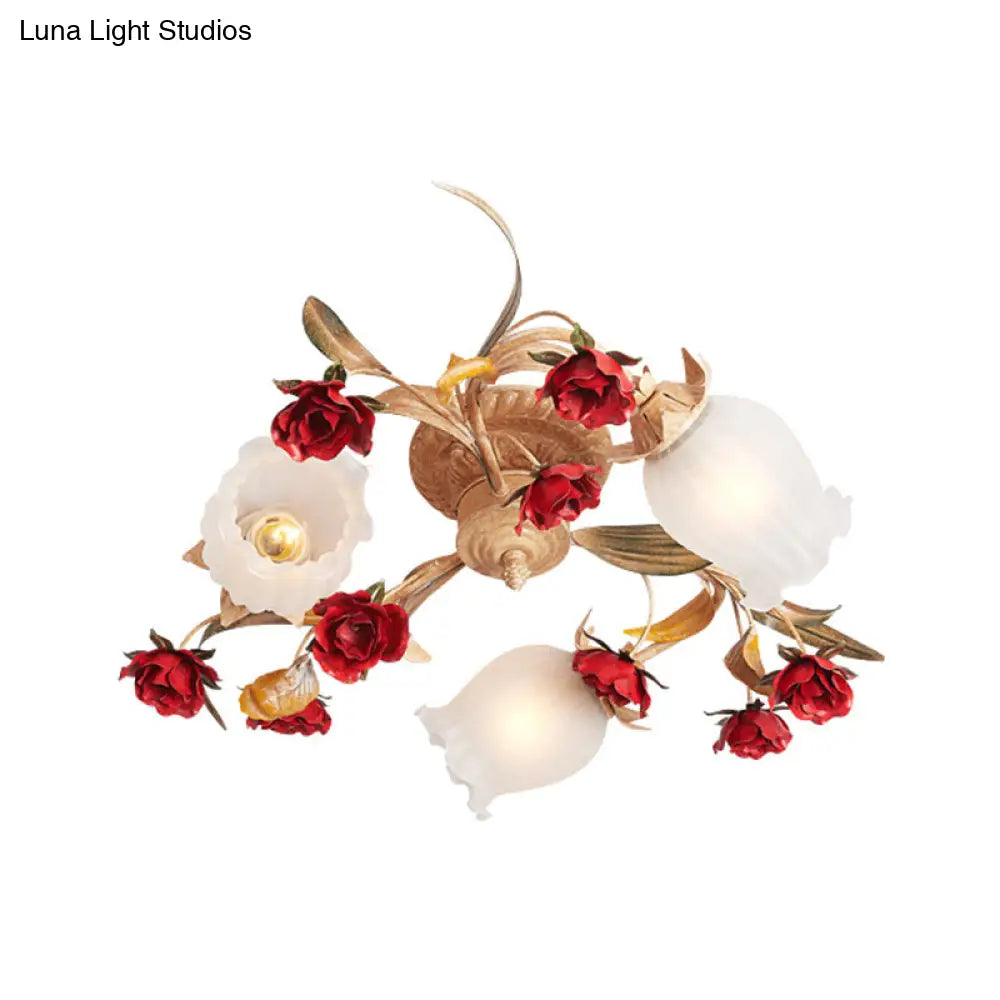Romantic Pastoral Blossom Bedroom Semi Flush Mount Ceiling Lamp - 3/6 Lights Coffee Metal Design