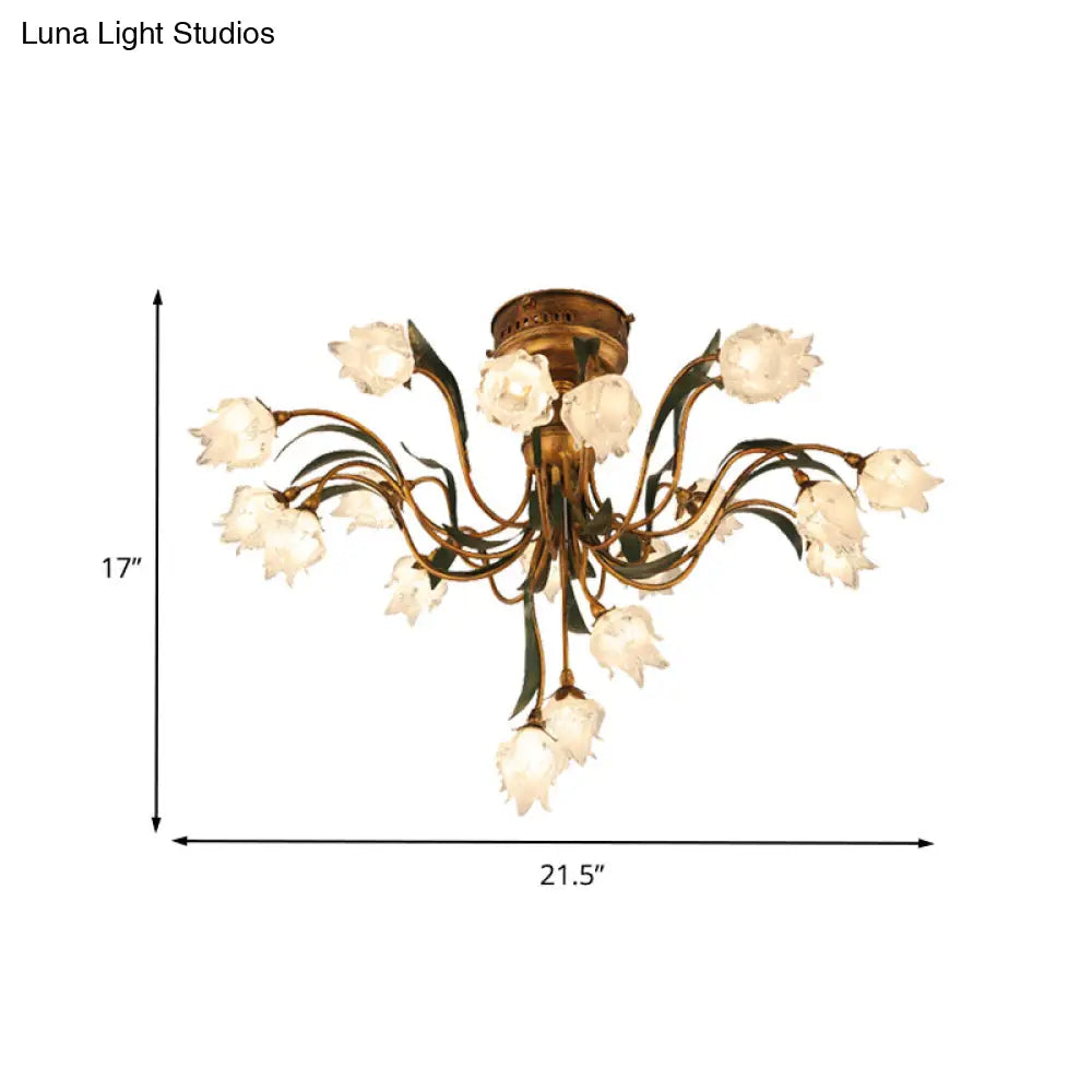 Romantic Pastoral Brass Bloom Semi Flush Light - 19 Bulb Led Close To Ceiling Lamp