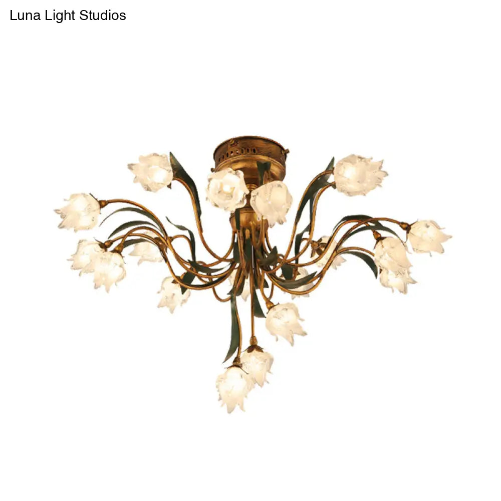 Romantic Pastoral Brass Bloom Semi Flush Light - 19 Bulb Led Close To Ceiling Lamp