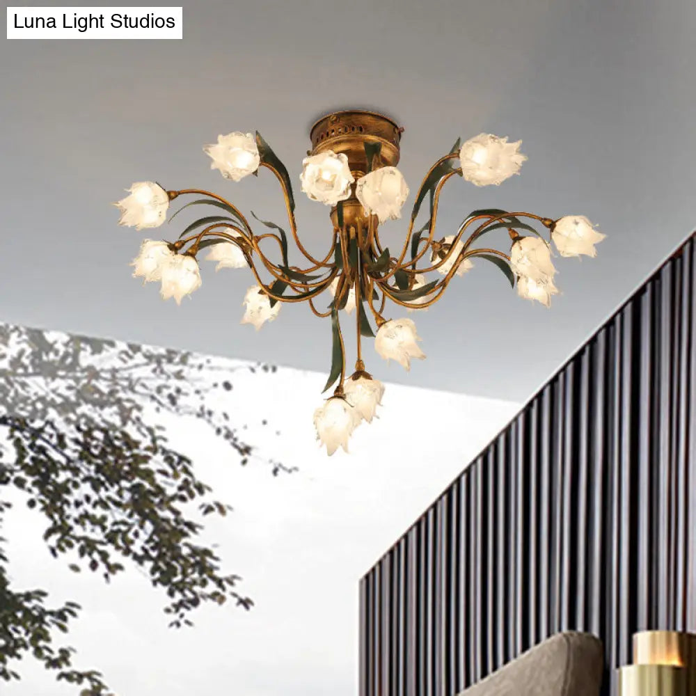 Romantic Pastoral Brass Bloom Semi Flush Light - 19 Bulb Led Close To Ceiling Lamp