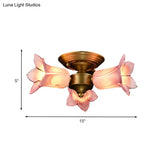 Romantic Pastoral Brass Ceiling Light Fixture With 3 Lily/Tulip Heads And Led Semi Mount For Living