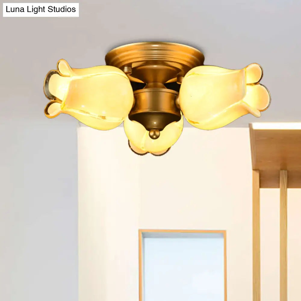 Romantic Pastoral Brass Ceiling Light Fixture With 3 Lily/Tulip Heads And Led Semi Mount For Living