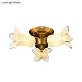 Romantic Pastoral Brass Ceiling Light Fixture With 3 Lily/Tulip Heads And Led Semi Mount For Living