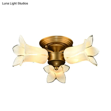 Romantic Pastoral Brass Ceiling Light Fixture With 3 Lily/Tulip Heads And Led Semi Mount For Living