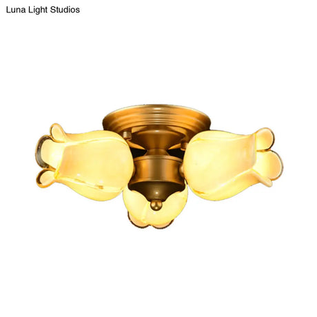 Romantic Pastoral Brass Ceiling Light Fixture With 3 Lily/Tulip Heads And Led Semi Mount For Living