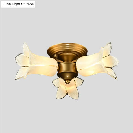 Romantic Pastoral Brass Ceiling Light Fixture With 3 Lily/Tulip Heads And Led Semi Mount For Living