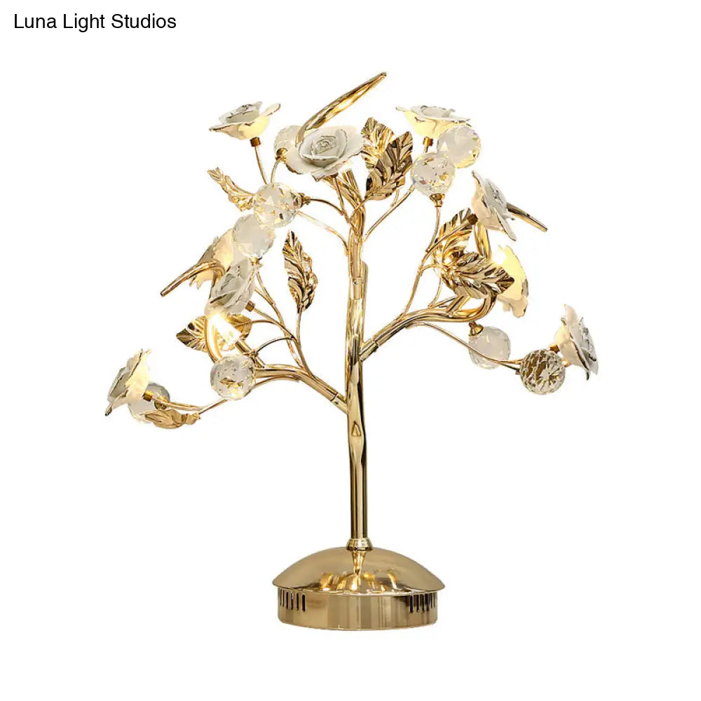 Romantic Pastoral Ceramic Flowering Tree Table Lamp With 3-Head Nightstand Light