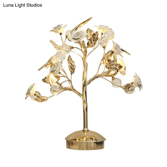 Romantic Pastoral Ceramic Flowering Tree Table Lamp With 3-Head Nightstand Light