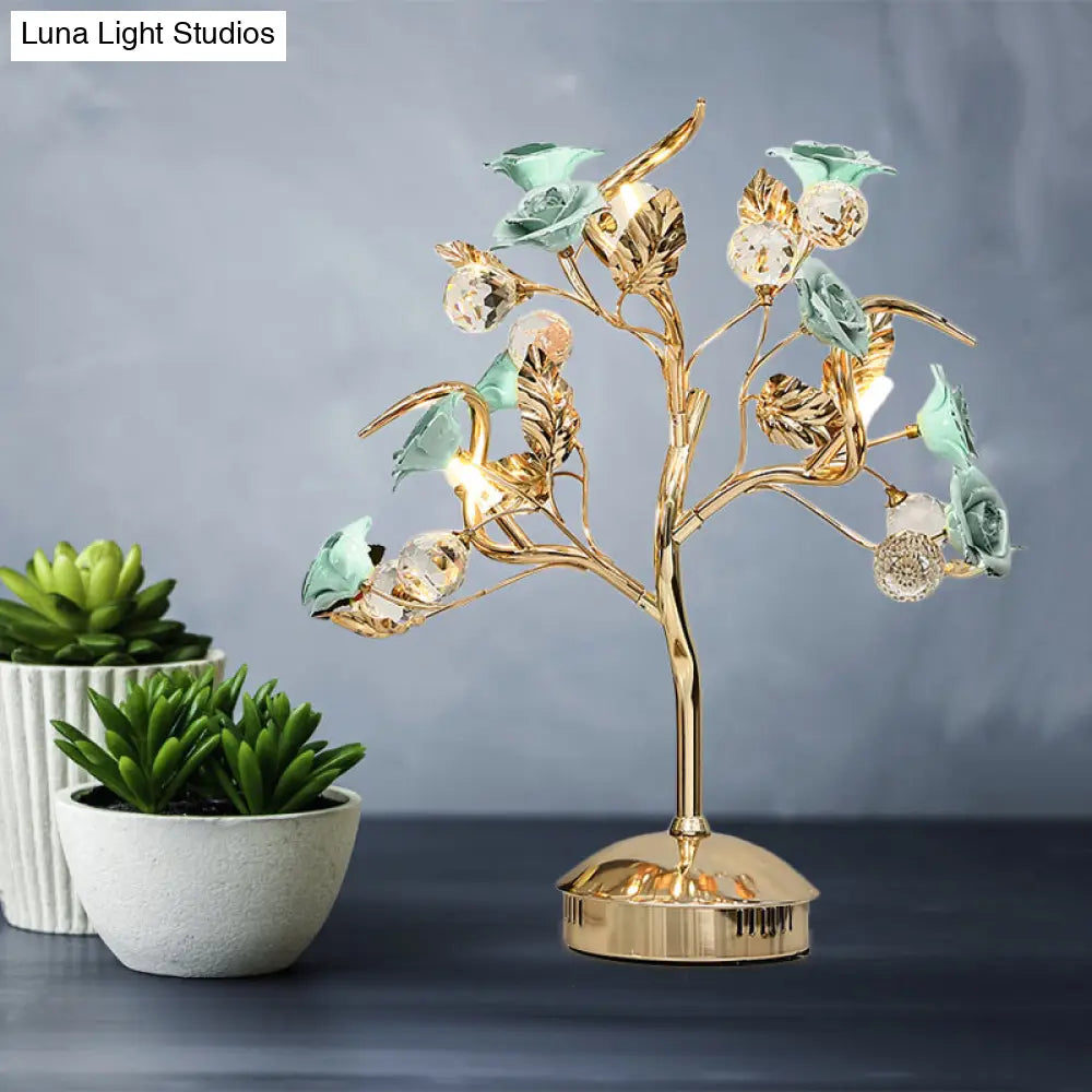 Romantic Pastoral Ceramic Flowering Tree Table Lamp With 3-Head Nightstand Light