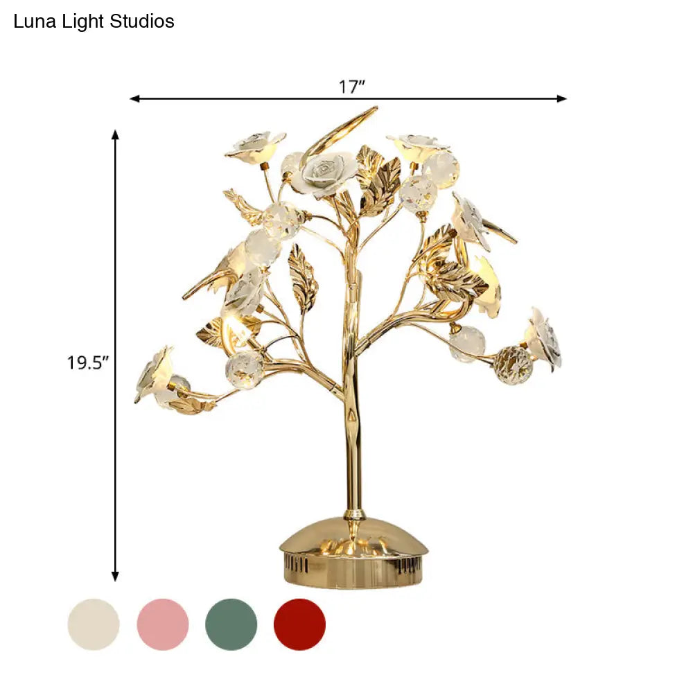 Romantic Pastoral Ceramic Flowering Tree Table Lamp With 3-Head Nightstand Light