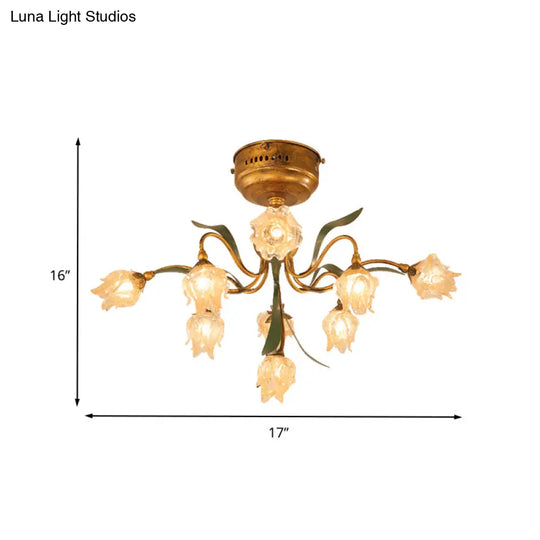 Romantic Pastoral Living Room Led Ceiling Lamp With Flower Frosted Glass In Brass - 9-Head Semi