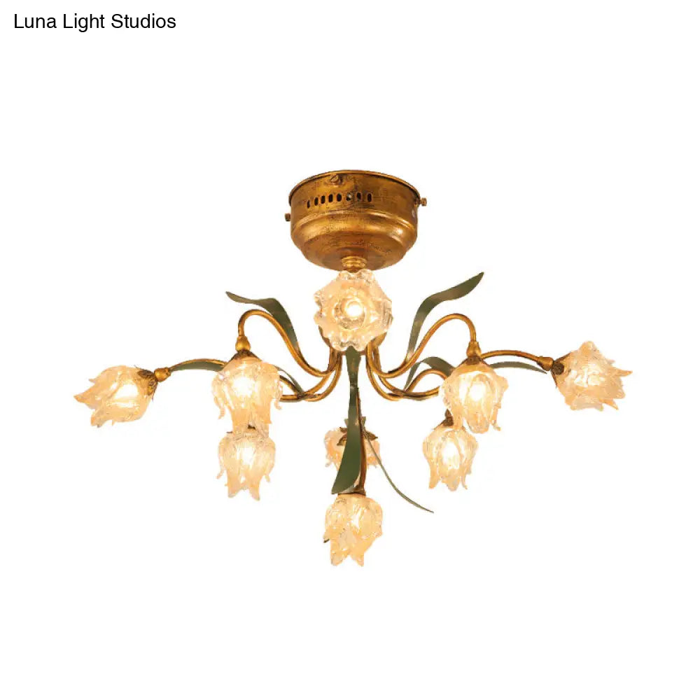 Romantic Pastoral Living Room Led Ceiling Lamp With Flower Frosted Glass In Brass - 9-Head Semi