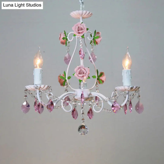 Romantic White Candlestick Chandelier With Pink Rose & Crystal Accents - Ceiling Light For Bedroom