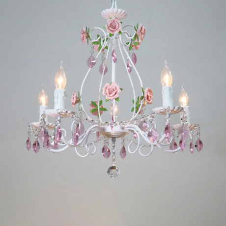 Romantic White Candlestick Chandelier With Pink Rose & Crystal Accents - Ceiling Light For Bedroom 5
