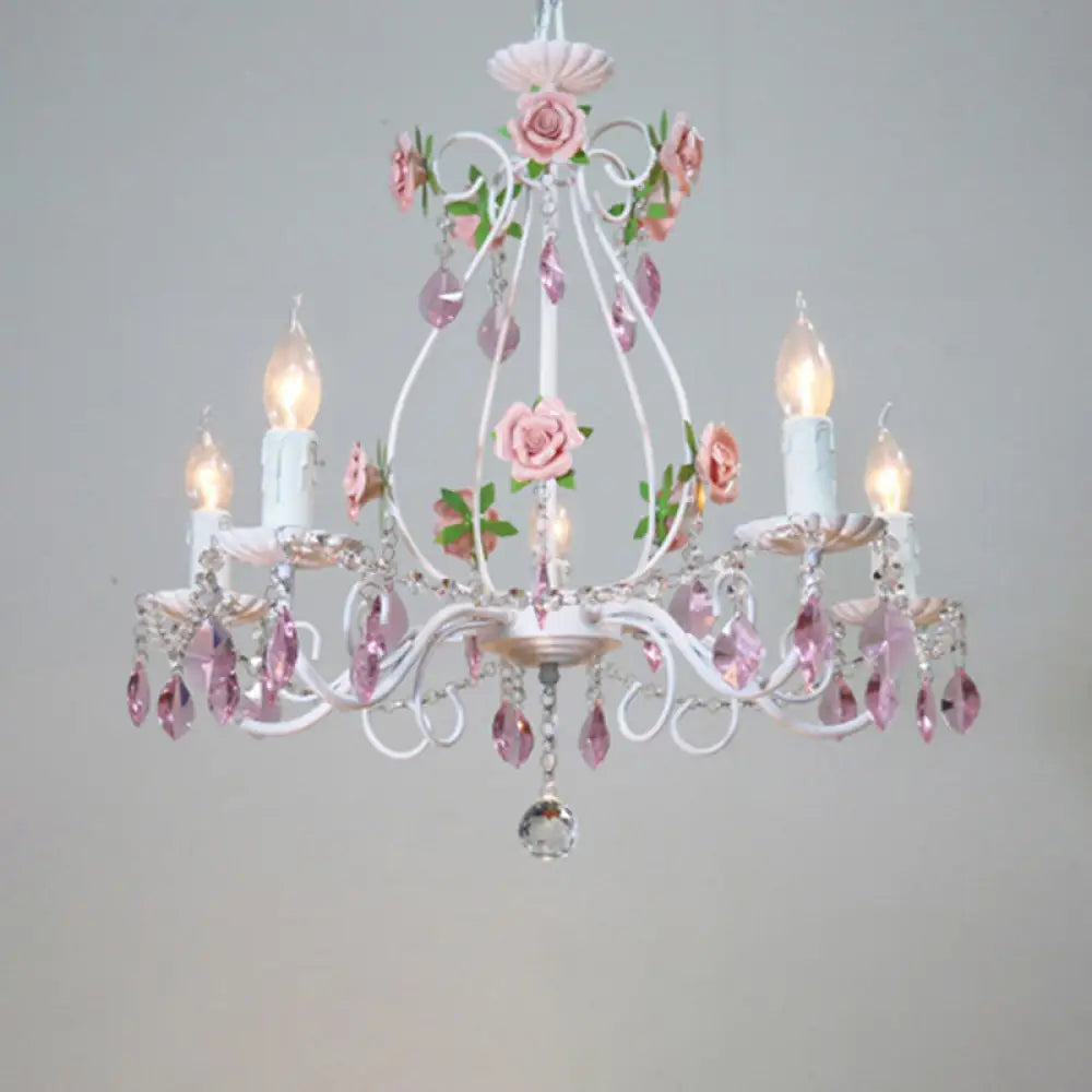 Romantic White Candlestick Chandelier With Pink Rose & Crystal Accents - Ceiling Light For Bedroom 6