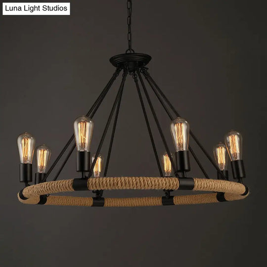 Rustic Circle Rope Chandelier With 6/8/14 Bulbs In Black And Brown By Factory