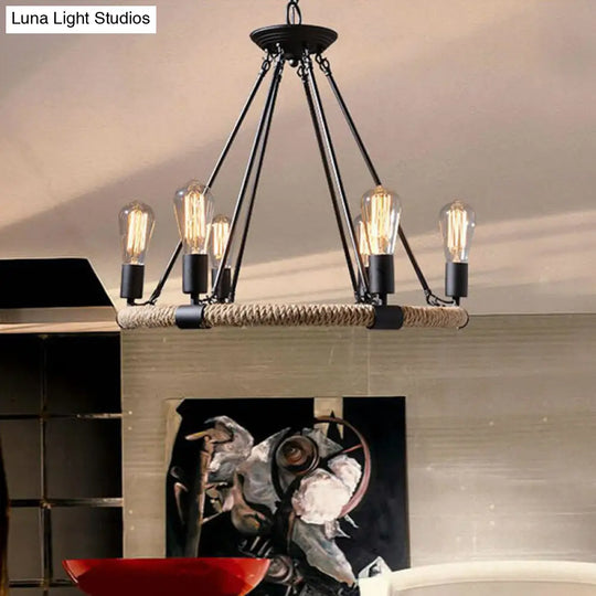 Rustic Circle Rope Chandelier With 6/8/14 Bulbs In Black And Brown By Factory 6 /