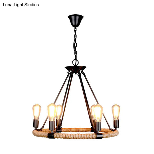 Rustic Circle Rope Chandelier With 6/8/14 Bulbs In Black And Brown By Factory