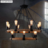 Rope-Wrapped Circle Pendant Light With Multiple Bulbs In Black And Brown