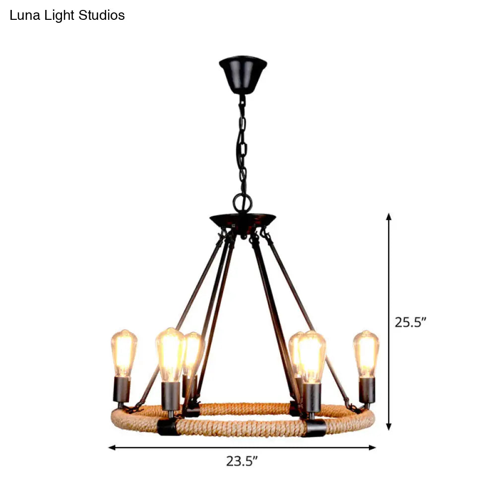 Rustic Circle Rope Chandelier With 6/8/14 Bulbs In Black And Brown By Factory