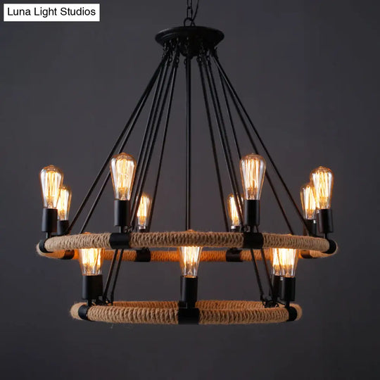 Rustic Circle Rope Chandelier With 6/8/14 Bulbs In Black And Brown By Factory