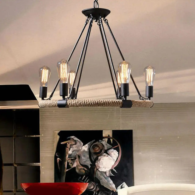 Rope-Wrapped Circle Pendant Light With Multiple Bulbs In Black And Brown 6 /