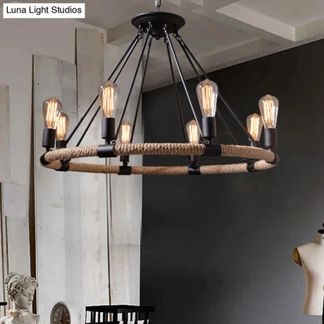 Rope-Wrapped Circle Pendant Light With Multiple Bulbs In Black And Brown