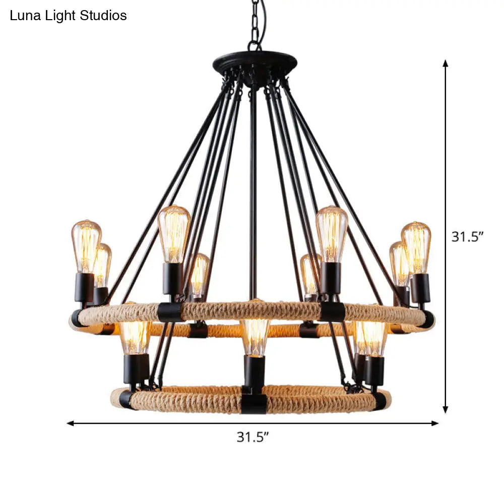 Rustic Circle Rope Chandelier With 6/8/14 Bulbs In Black And Brown By Factory