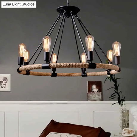 Rope-Wrapped Circle Pendant Light With Multiple Bulbs In Black And Brown