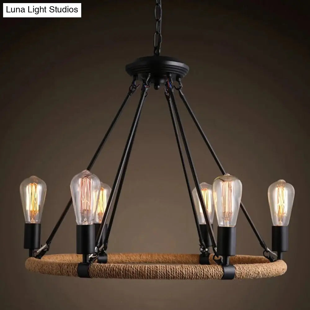 Rustic Circle Rope Chandelier With 6/8/14 Bulbs In Black And Brown By Factory