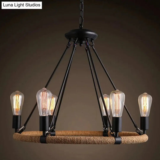 Rustic Circle Rope Chandelier With 6/8/14 Bulbs In Black And Brown By Factory