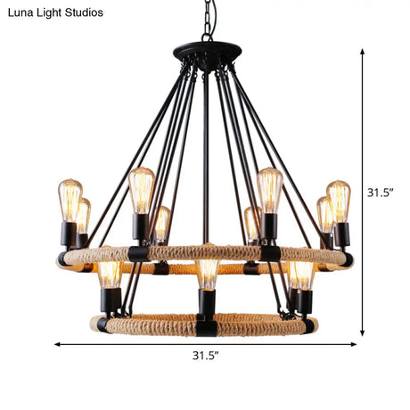 Rope-Wrapped Circle Pendant Light With Multiple Bulbs In Black And Brown