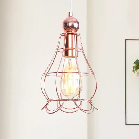 Rose Gold Caged Pendant Lamp - Loft Style Hanging Light With Adjustable Cord