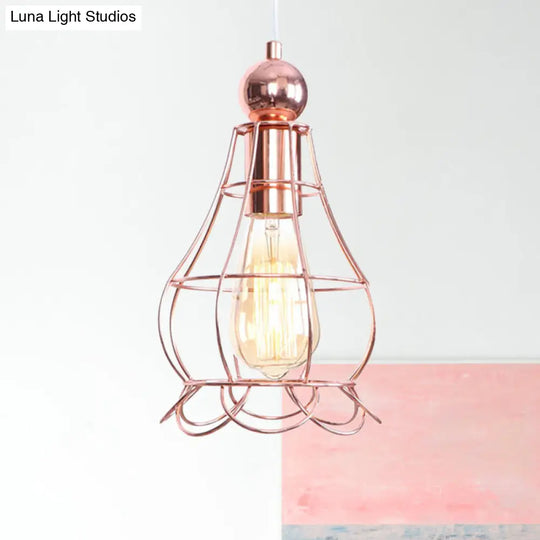 Rose Gold Caged Pendant Lamp - Loft Style Hanging Light With Adjustable Cord