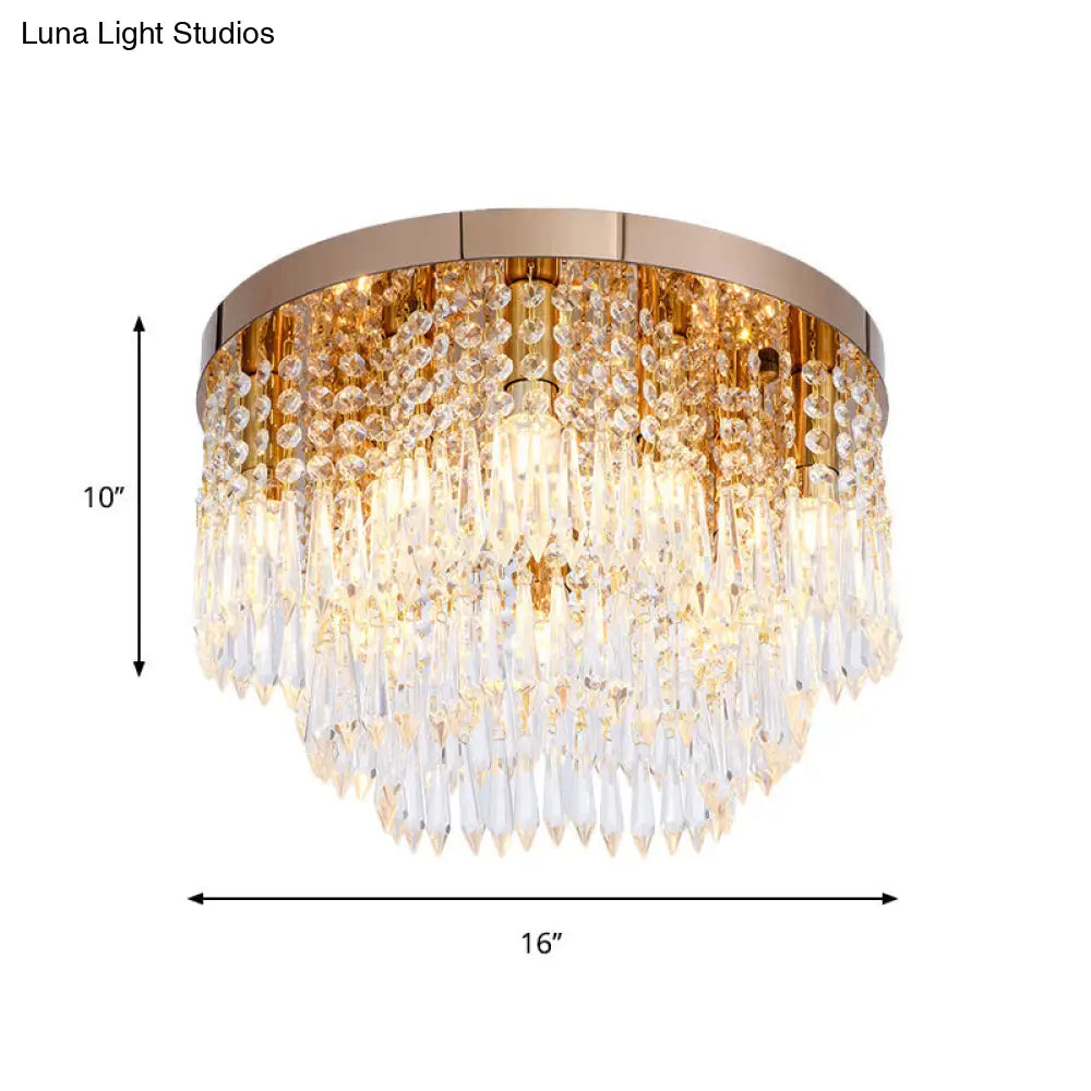 Rose Gold Crystal Waterfall Flush Lamp Modernist 10-Light Ceiling Mount For Living Rooms