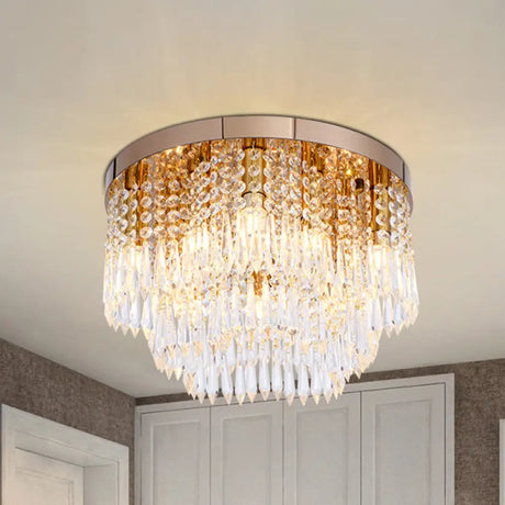 Rose Gold Crystal Waterfall Flush Lamp – Modernist 10-Light Ceiling Mount For Living Rooms