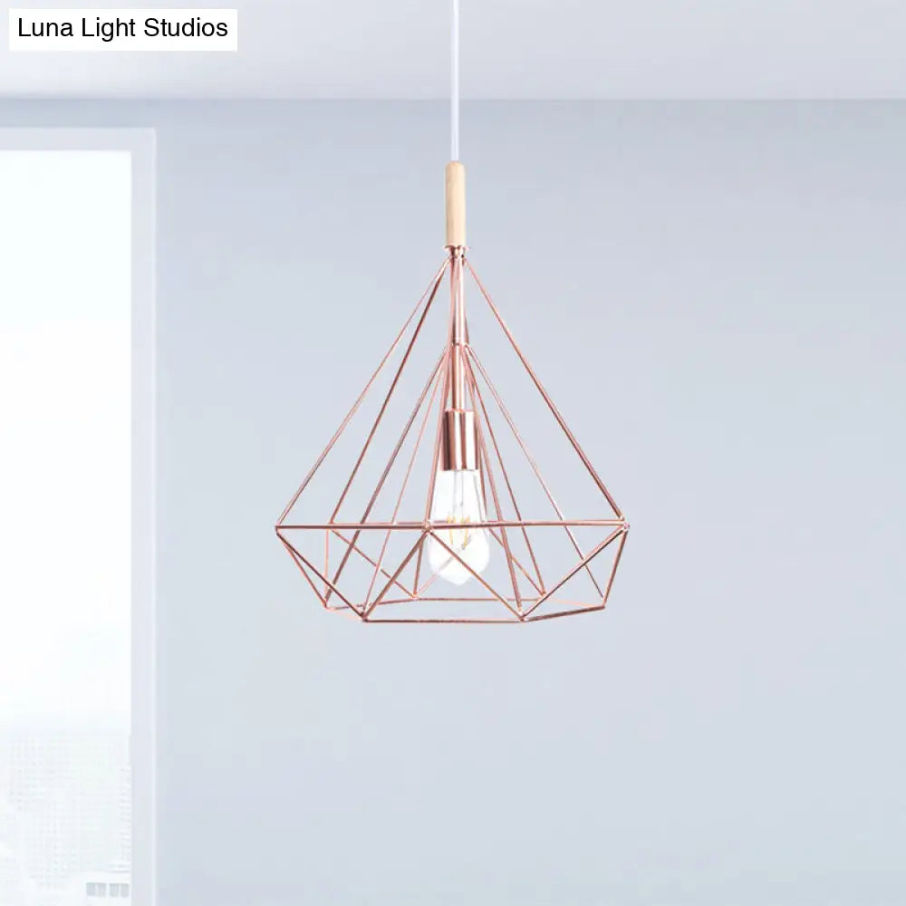 Nordic Industrial Rose Gold Diamond Metal Cage Pendant Light - 1 Ceiling Hanging Fixture